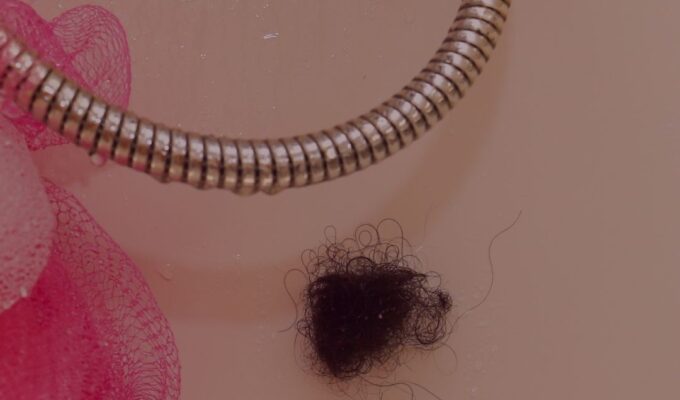 Hair shed rolled up on the shower wall.
