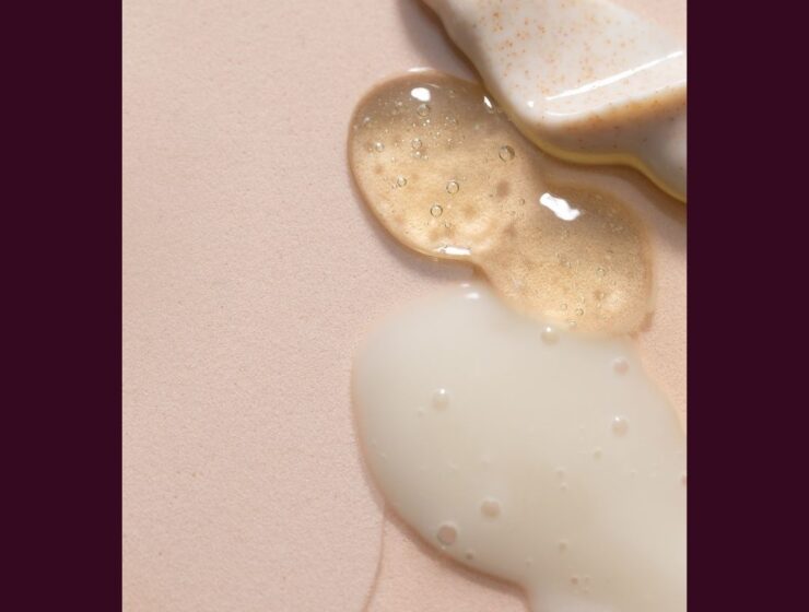 Cream, gel and serum textures representing layered curl products.