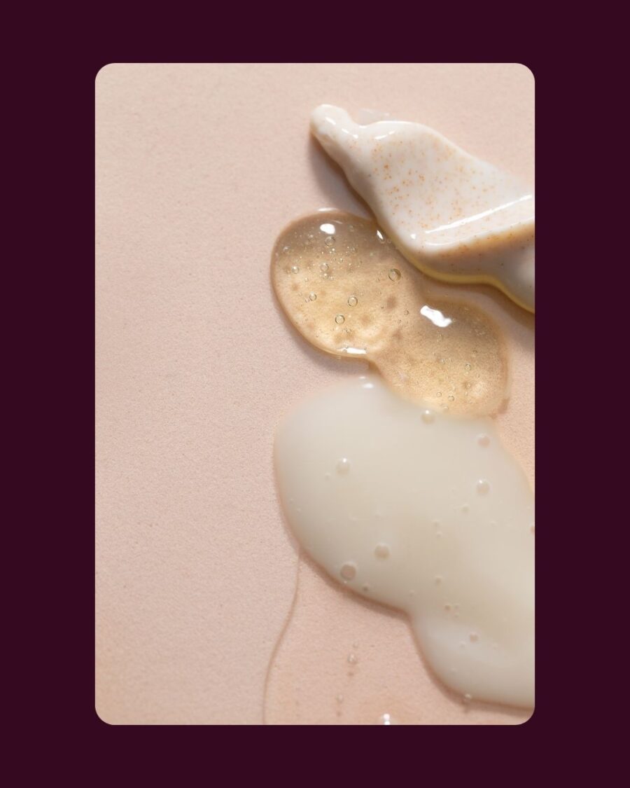 Cream, gel and serum textures representing layered curl products.