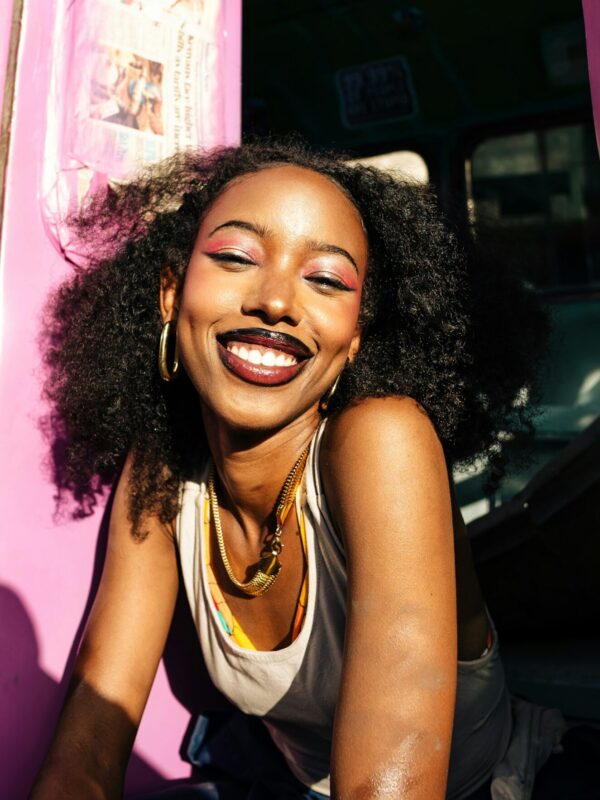 Woman smiling with curly hair
