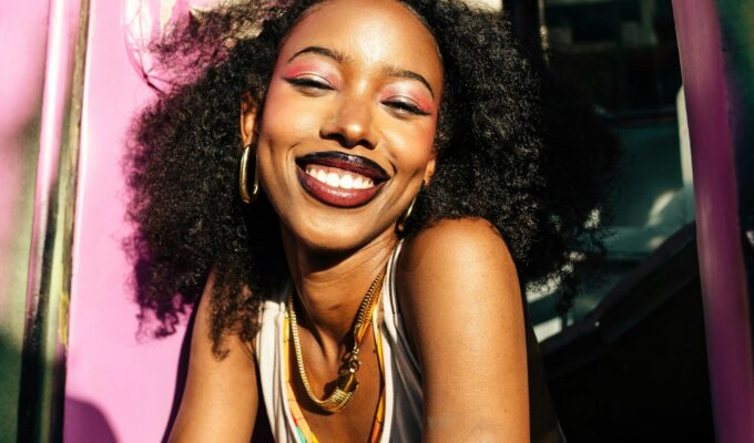 Woman smiling with curly hair