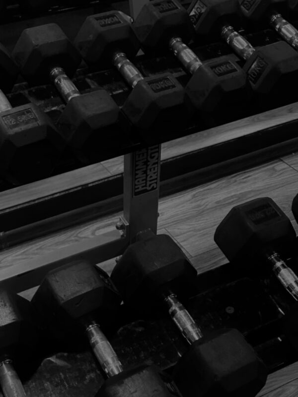 Dumbbells weights on a rack.