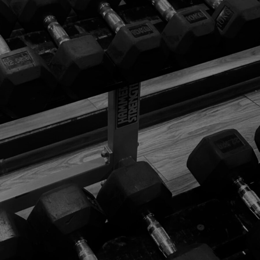 Dumbbells weights on a rack.