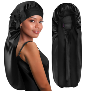 BONNET QUEEN Braid Bonnet Long Silk Bonnet Foldable Satin Sleeping Cap for Long Hair Braids with Tie Band,Black