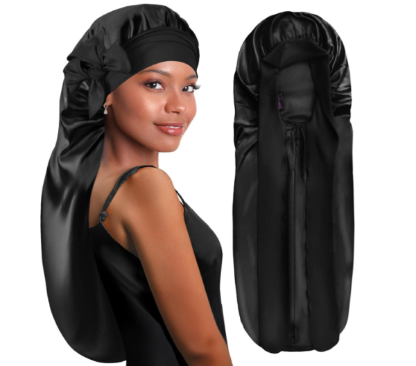 BONNET QUEEN Braid Bonnet Long Silk Bonnet Foldable Satin Sleeping Cap for Long Hair Braids with Tie Band,Black